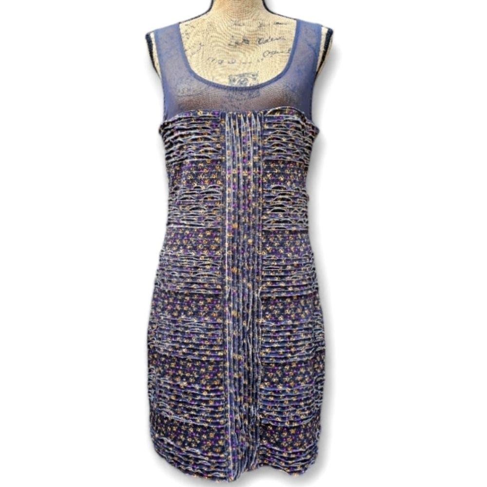 Free People Gray Floral Sleeveless Ruffle Shimmy Bodycon Mini Dress,  Size L